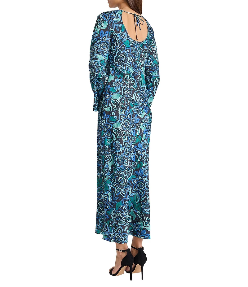 Donna Morgan Charmeuse Long Flare Sleeve Crew Neck Printed Long Sheath Dress