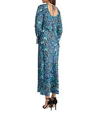 Donna Morgan Charmeuse Long Flare Sleeve Crew Neck Printed Long Sheath Dress