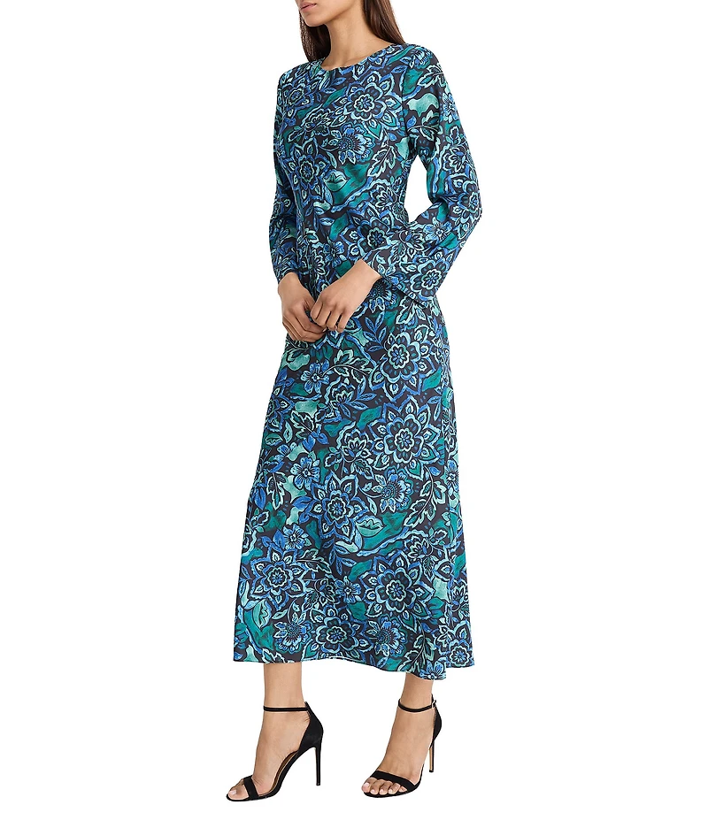 Donna Morgan Charmeuse Long Flare Sleeve Crew Neck Printed Long Sheath Dress