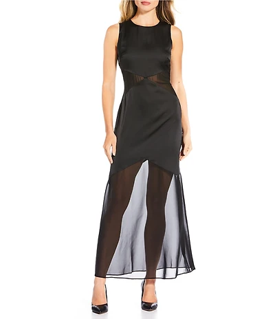 Donna Morgan Charmeuse Mesh Side Slit Sleeveless Maxi Dress