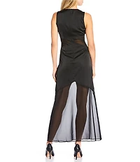 Donna Morgan Charmeuse Mesh Side Slit Sleeveless Maxi Dress