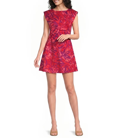 Donna Morgan Cotton Abstract Print Extended Shoulder Fit And Flare Mini Dress