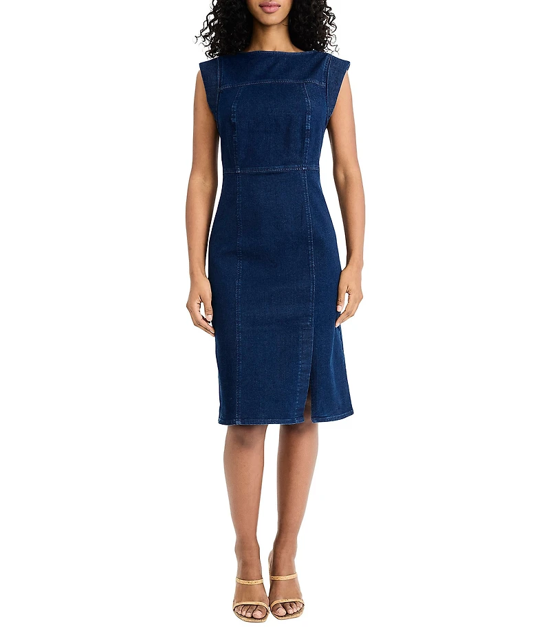 Donna Morgan Cotton Denim Boat Neck Sleeveless Sheath Dress