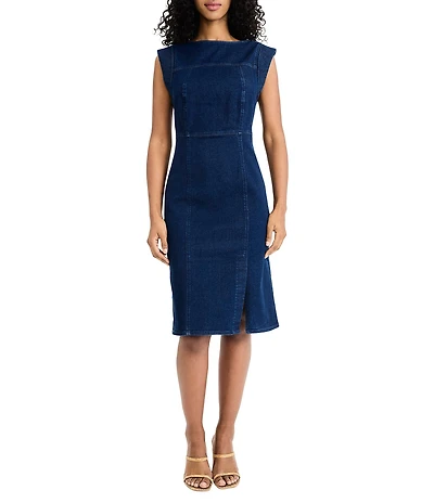 Donna Morgan Cotton Denim Boat Neck Sleeveless Sheath Dress