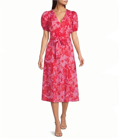 Donna Morgan Cotton Floral Print Puff Sleeve Midi Dress
