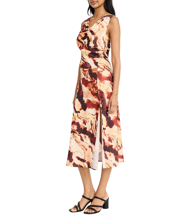 Donna Morgan Cowl Neck Front Slit Printed Midi Dress