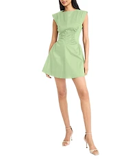 Donna Morgan Crew Neck Extended Shoulder Ruched Poplin Mini Dress