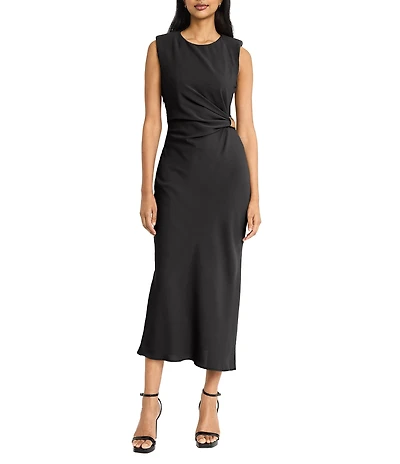 Donna Morgan Crew Neck Sleeveless Ruched Waist Sheath Midi Dress