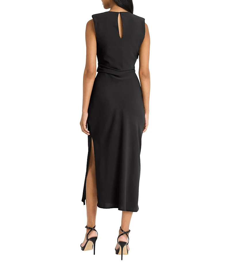 Donna Morgan Crew Neck Sleeveless Ruched Waist Sheath Midi Dress
