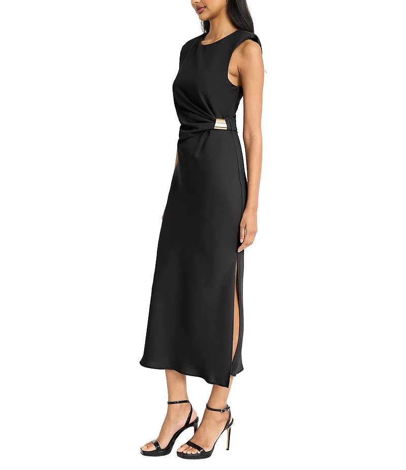Donna Morgan Crew Neck Sleeveless Ruched Waist Sheath Midi Dress