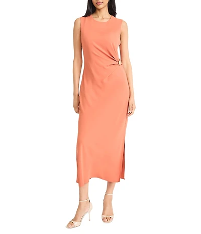 Donna Morgan Crew Neck Sleeveless Ruched Waist Sheath Midi Dress