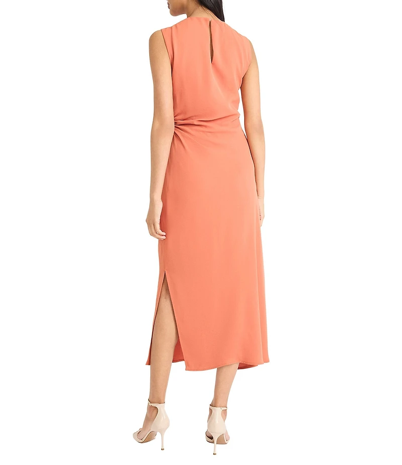 Donna Morgan Crew Neck Sleeveless Ruched Waist Sheath Midi Dress