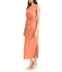 Donna Morgan Crew Neck Sleeveless Ruched Waist Sheath Midi Dress
