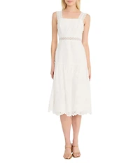 Donna Morgan Eyelet Square Neck Sleeve Lace Trim Blouson Midi Dress