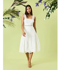 Donna Morgan Eyelet Square Neck Sleeve Lace Trim Blouson Midi Dress