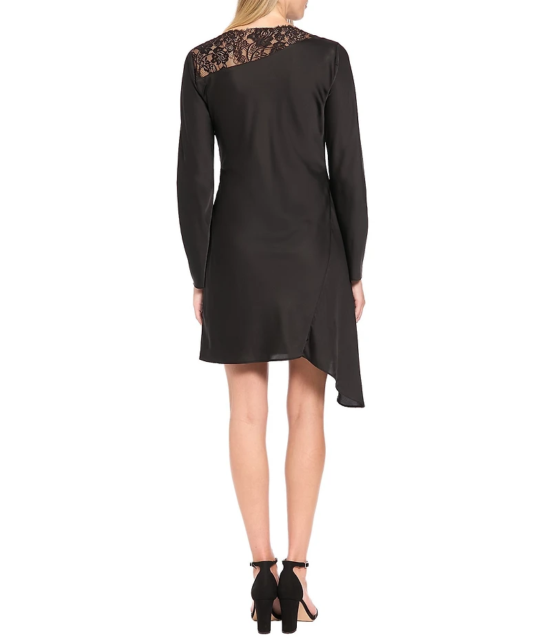 Donna Morgan Fitted Asymmetrical Long Sleeve Lace Mini Dress