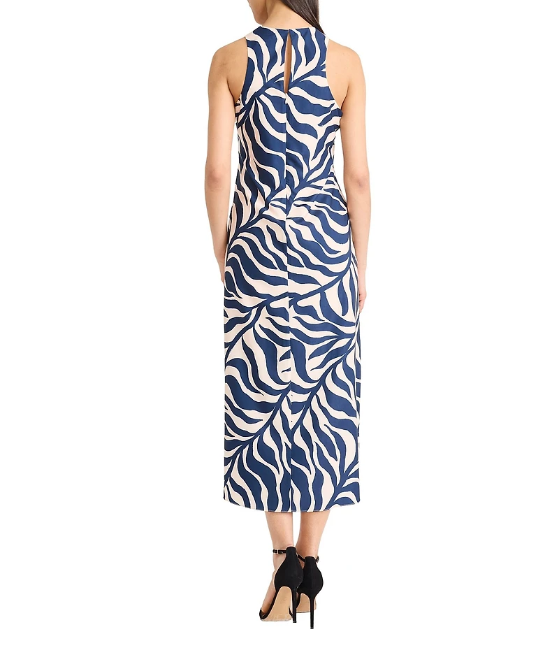 Donna Morgan Floral Leaf Print Satin Halter Neck Sleeveless Midi Dress