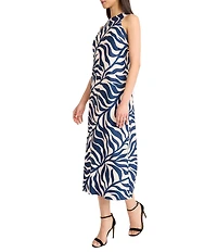 Donna Morgan Floral Leaf Print Satin Halter Neck Sleeveless Midi Dress