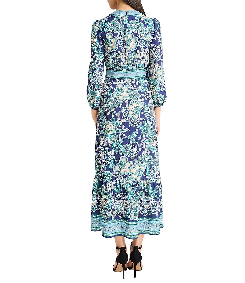 Donna Morgan Floral Paisley Print Bubble Crepe 3/4 Sleeve Midi Dress