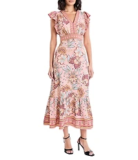 Donna Morgan Floral Print Bubble Crepe V-Neck Flutter Sleeve Midi Dress