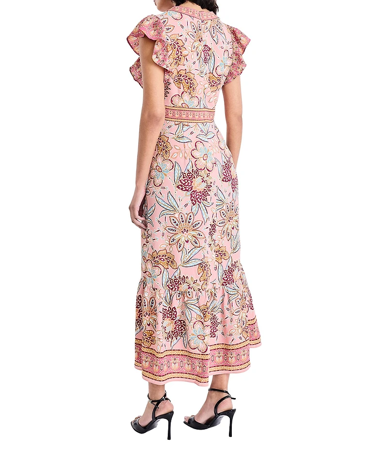 Donna Morgan Floral Print Bubble Crepe V-Neck Flutter Sleeve Midi Dress
