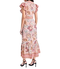 Donna Morgan Floral Print Bubble Crepe V-Neck Flutter Sleeve Midi Dress