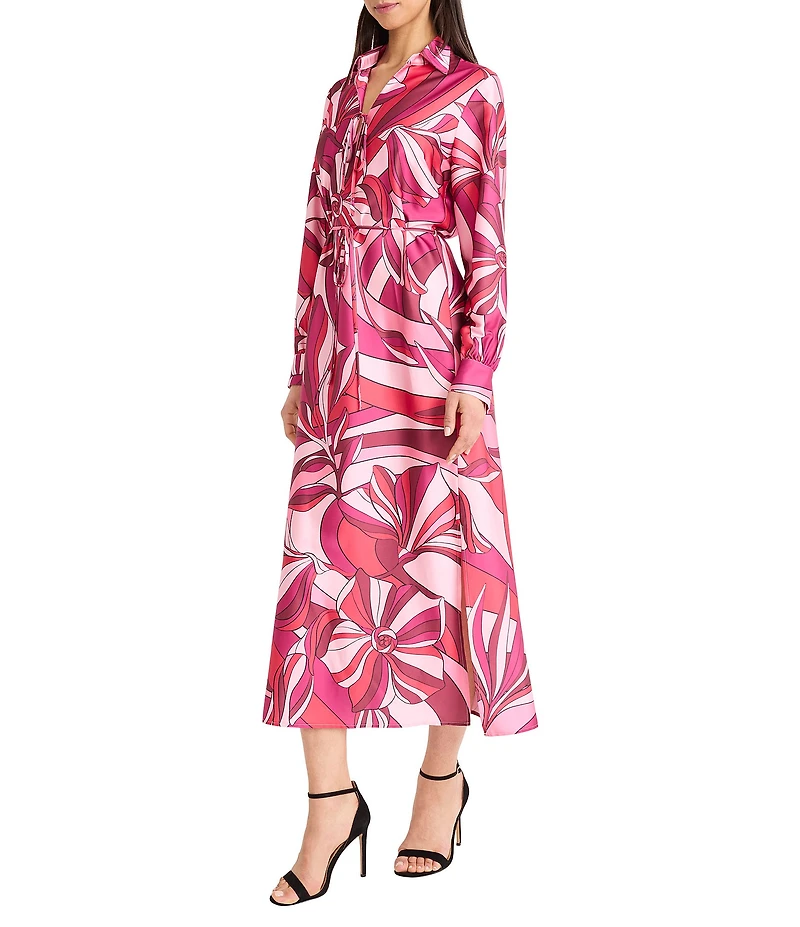 Donna Morgan Floral Print Charmeuse Collared Neck Long Sleeve Tie Waist Midi Dress