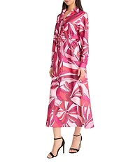 Donna Morgan Floral Print Charmeuse Collared Neck Long Sleeve Tie Waist Midi Dress