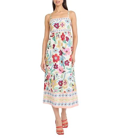 Donna Morgan Floral Print Linen Blend Sleeveless Square Neck Midi Dress