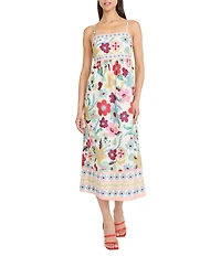 Donna Morgan Floral Print Linen Blend Sleeveless Square Neck Midi Dress