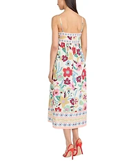 Donna Morgan Floral Print Linen Blend Sleeveless Square Neck Midi Dress