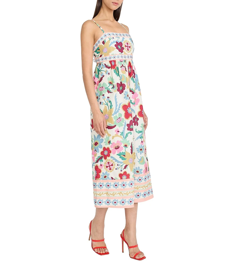 Donna Morgan Floral Print Linen Blend Sleeveless Square Neck Midi Dress
