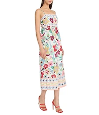 Donna Morgan Floral Print Linen Blend Sleeveless Square Neck Midi Dress