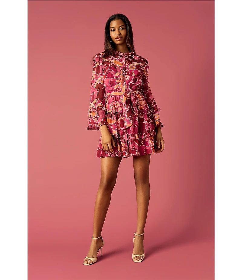 Donna Morgan Long Sleeve Tiered Ruffled Button Front Mini Shirt Dress