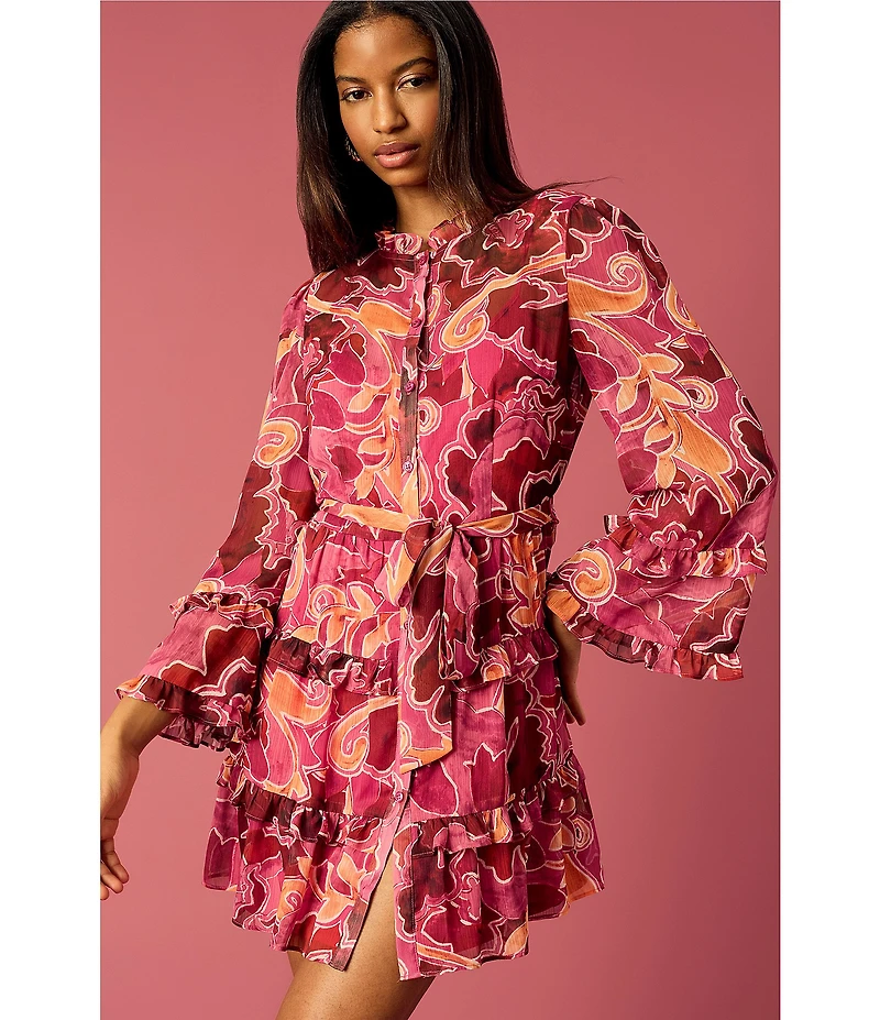 Donna Morgan Long Sleeve Tiered Ruffled Button Front Mini Shirt Dress