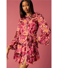 Donna Morgan Long Sleeve Tiered Ruffled Button Front Mini Shirt Dress