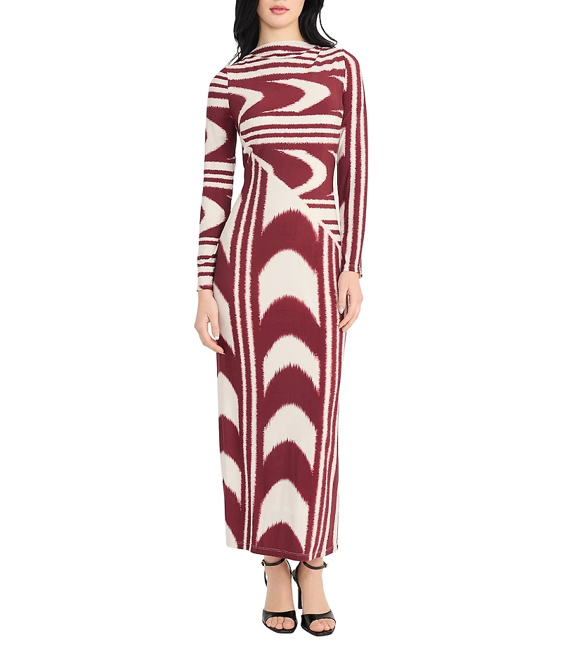 Donna Morgan Matte Jersey Printed Crew Neck Long Sleeve Bodycon Midi Dress