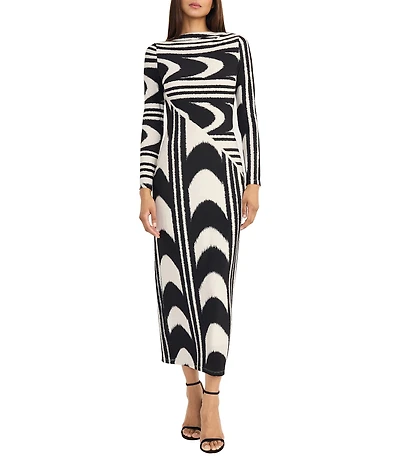 Donna Morgan Matte Jersey Printed Crew Neck Long Sleeve Bodycon Midi Dress