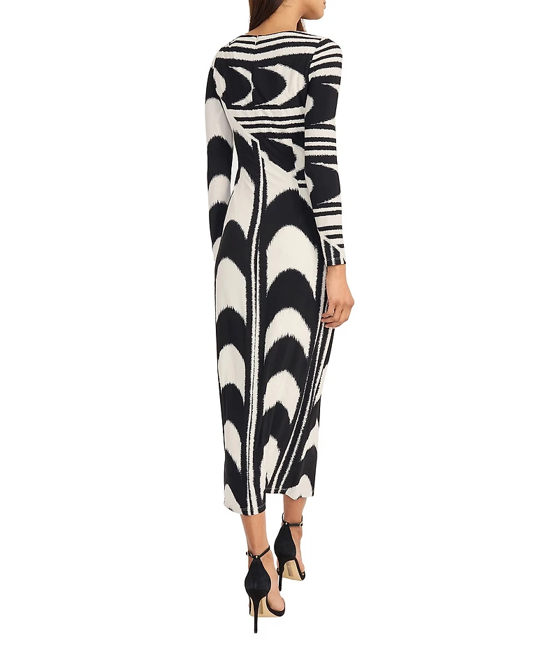 Donna Morgan Matte Jersey Printed Crew Neck Long Sleeve Bodycon Midi Dress