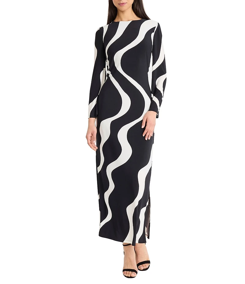 Donna Morgan Matte Jersey Wavy Print Crew Neck Long Sleeve Sheath Maxi Dress