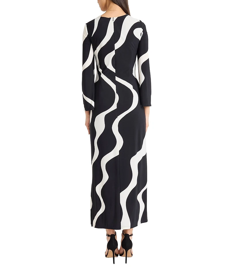 Donna Morgan Matte Jersey Wavy Print Crew Neck Long Sleeve Sheath Maxi Dress