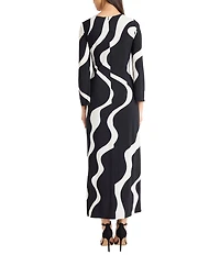 Donna Morgan Matte Jersey Wavy Print Crew Neck Long Sleeve Sheath Maxi Dress
