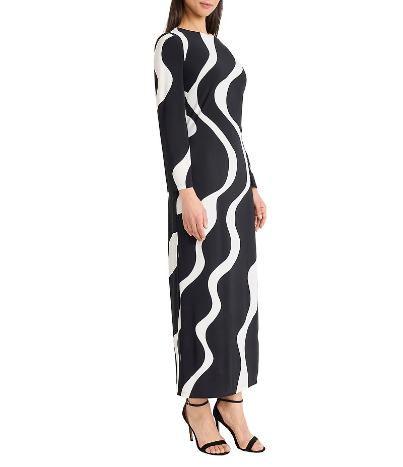 Donna Morgan Matte Jersey Wavy Print Crew Neck Long Sleeve Sheath Maxi Dress