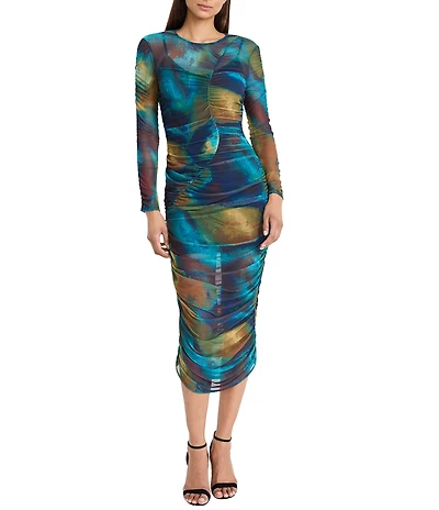 Donna Morgan Mesh Crew Neck Long Sleeve Bodycon Printed Midi Dress