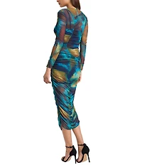 Donna Morgan Mesh Crew Neck Long Sleeve Bodycon Printed Midi Dress