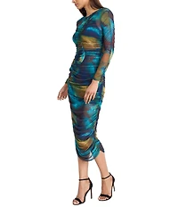 Donna Morgan Mesh Crew Neck Long Sleeve Bodycon Printed Midi Dress