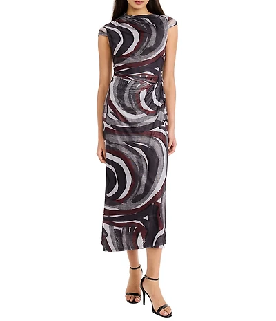 Donna Morgan Mesh Draped Cap Sleeve Midi Dress