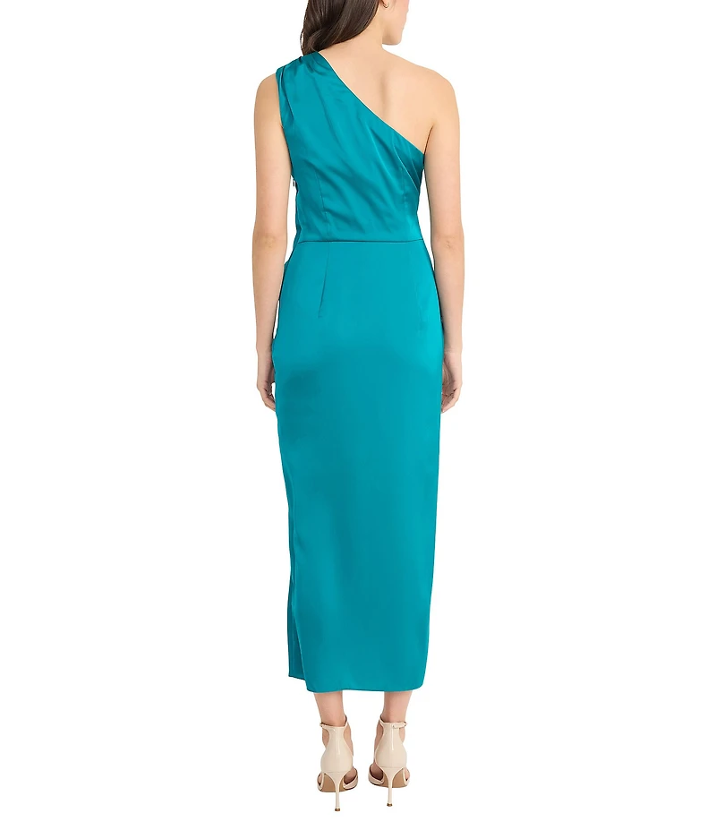 Donna Morgan One Shoulder Tie Waist Draped Skirt Midi Dress
