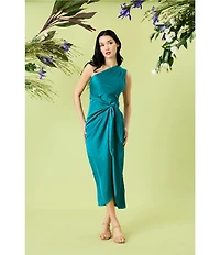 Donna Morgan One Shoulder Tie Waist Draped Skirt Midi Dress