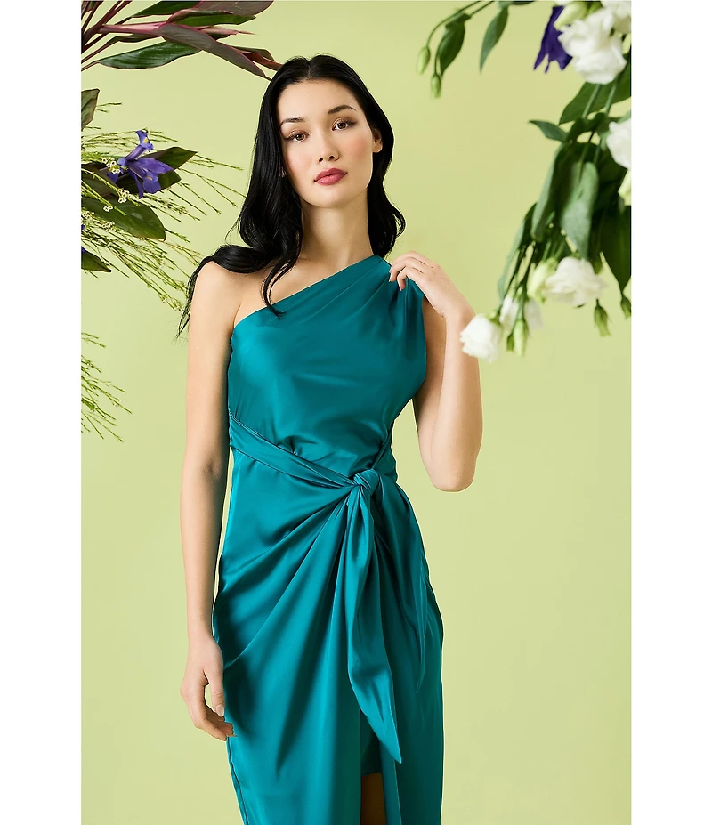 Donna Morgan One Shoulder Tie Waist Draped Skirt Midi Dress